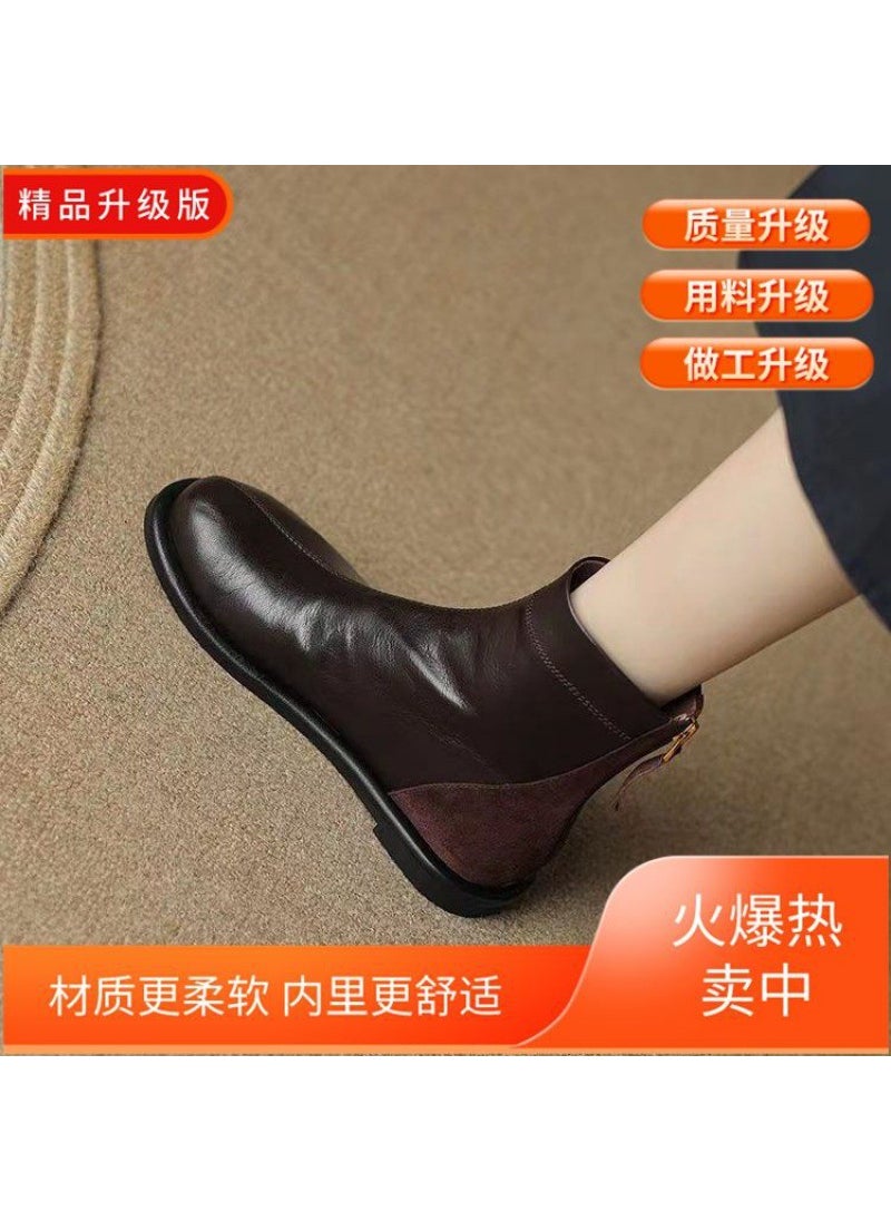 Retro British Flat Martin Boots Women Autumn Winter Round Toe Dark brown upgraded version