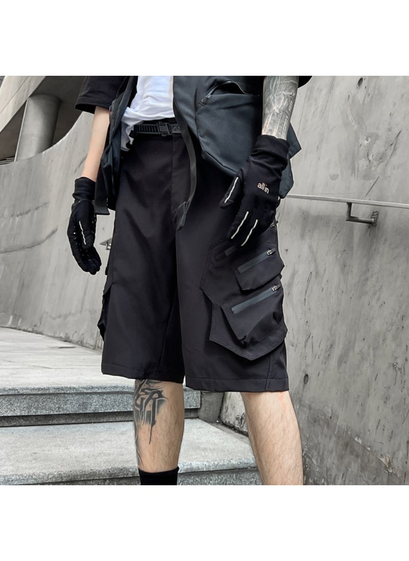 Trendy Loose-fit Mens Shorts Summer Casual Style Umbrella Brand Army Uniform Workwear Multi-pocket Sweatpants For Men Black DK61