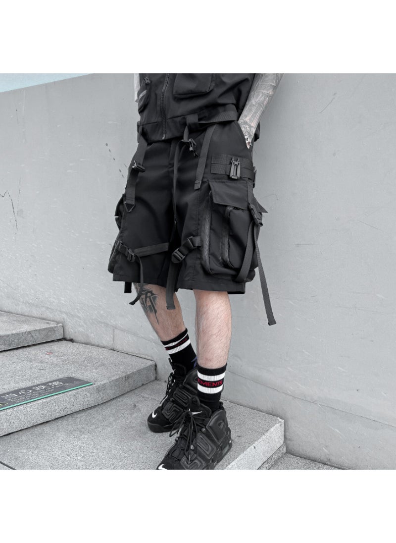 Trendy Loose-fit Mens Shorts Summer Casual Style Umbrella Brand Army Uniform Workwear Multi-pocket Sweatpants For Men DK72 Black