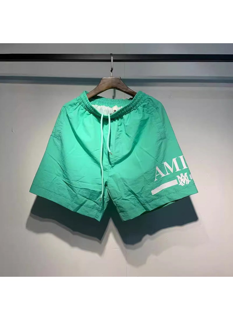 Amiri Mens Loose Fit Sporty Shorts Summer 2023 Polyester Drawstring Elastic Waist Multicolor Print Five Inch Length Green