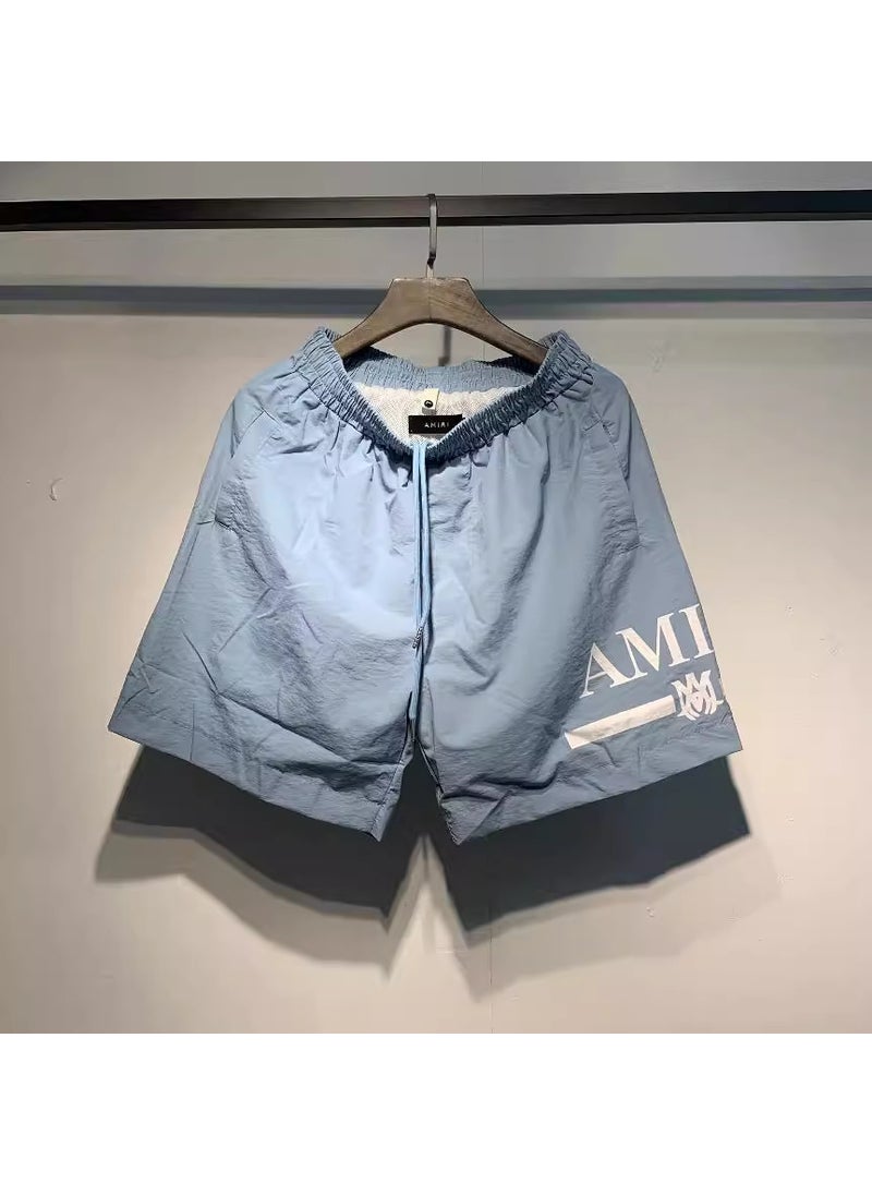 Amiri Mens Loose Fit Sporty Shorts Summer 2023 Polyester Drawstring Elastic Waist Multicolor Print Five Inch Length Green