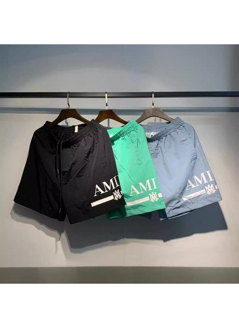 Amiri Mens Loose Fit Sporty Shorts Summer 2023 Polyester Drawstring Elastic Waist Multicolor Print Five Inch Length Green