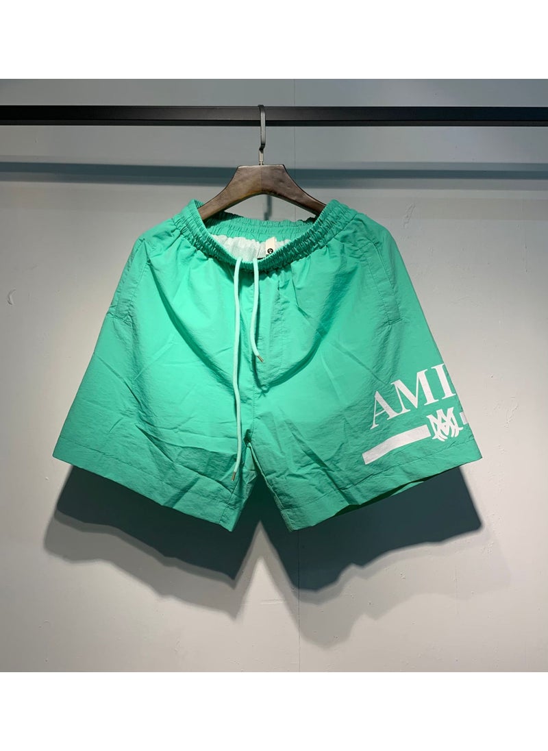 Amiri Mens Loose Fit Sporty Shorts Summer 2023 Polyester Drawstring Elastic Waist Multicolor Print Five Inch Length Green
