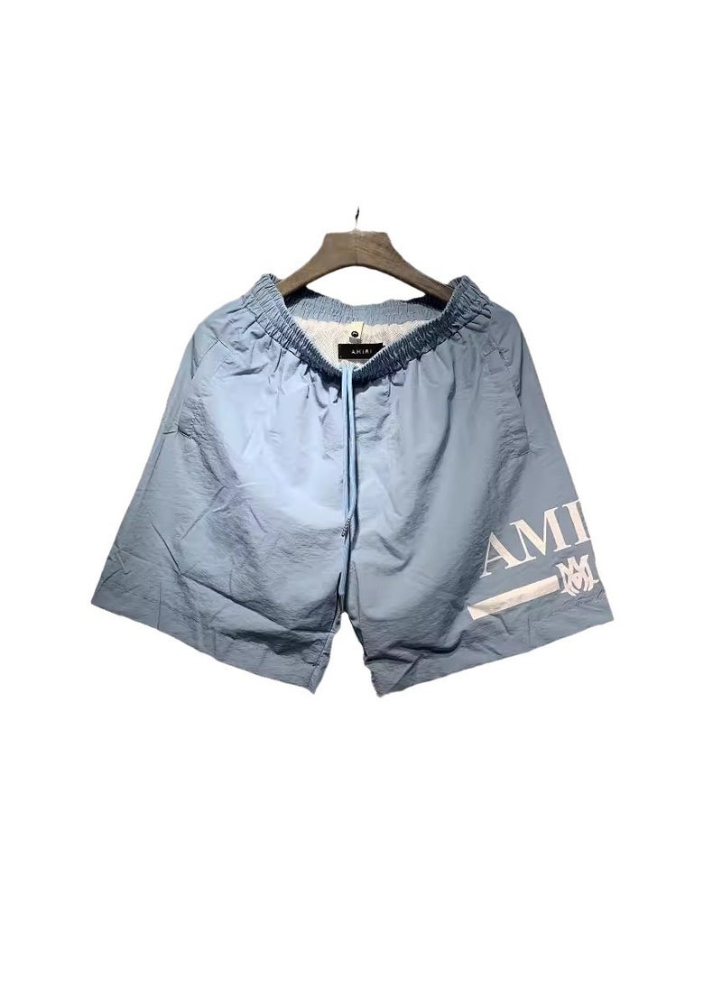 Amiri Mens Loose Fit Sporty Shorts Summer 2023 Polyester Drawstring Elastic Waist Multicolor Print Five Inch Length Blue