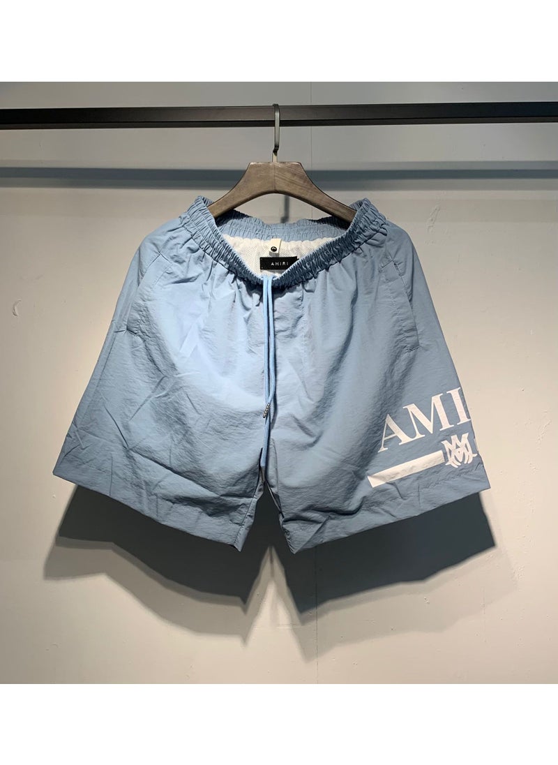 Amiri Mens Loose Fit Sporty Shorts Summer 2023 Polyester Drawstring Elastic Waist Multicolor Print Five Inch Length Blue