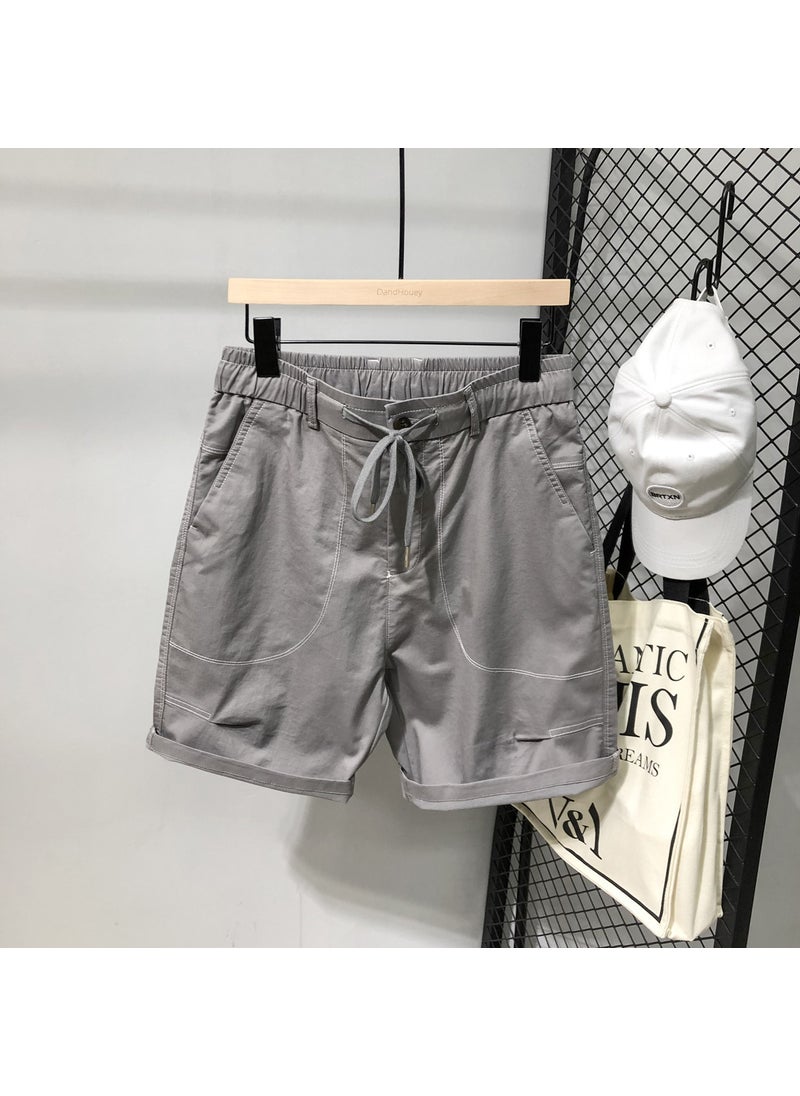 Summer Korean Style Casual Loose Straight Leg Mens Shorts Elastic Waist Versatile Trendy Pure Color Five-Quarter Length Navy blue