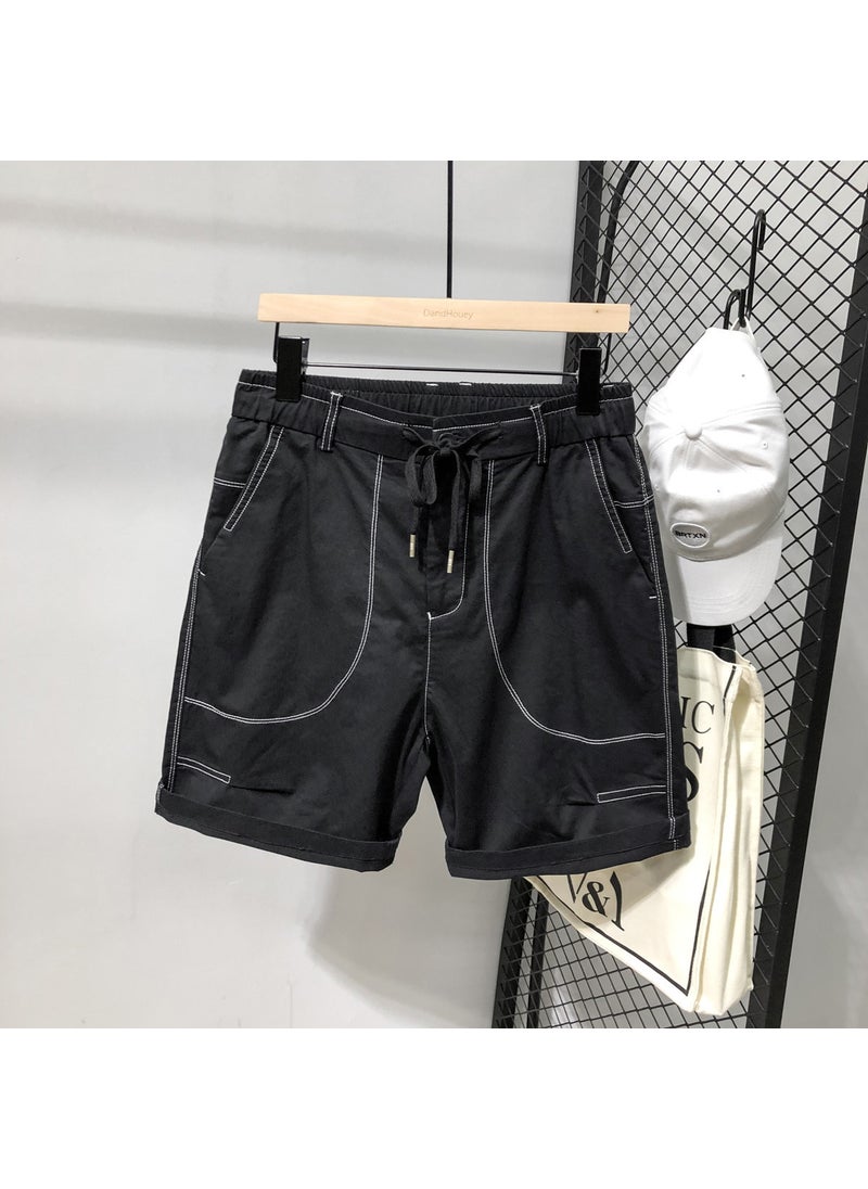 Summer Korean Style Casual Loose Straight Leg Mens Shorts Elastic Waist Versatile Trendy Pure Color Five-Quarter Length Navy blue