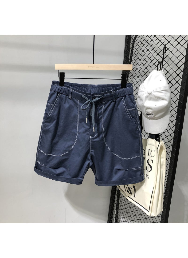 Summer Korean Style Casual Loose Straight Leg Mens Shorts Elastic Waist Versatile Trendy Pure Color Five-Quarter Length Navy blue