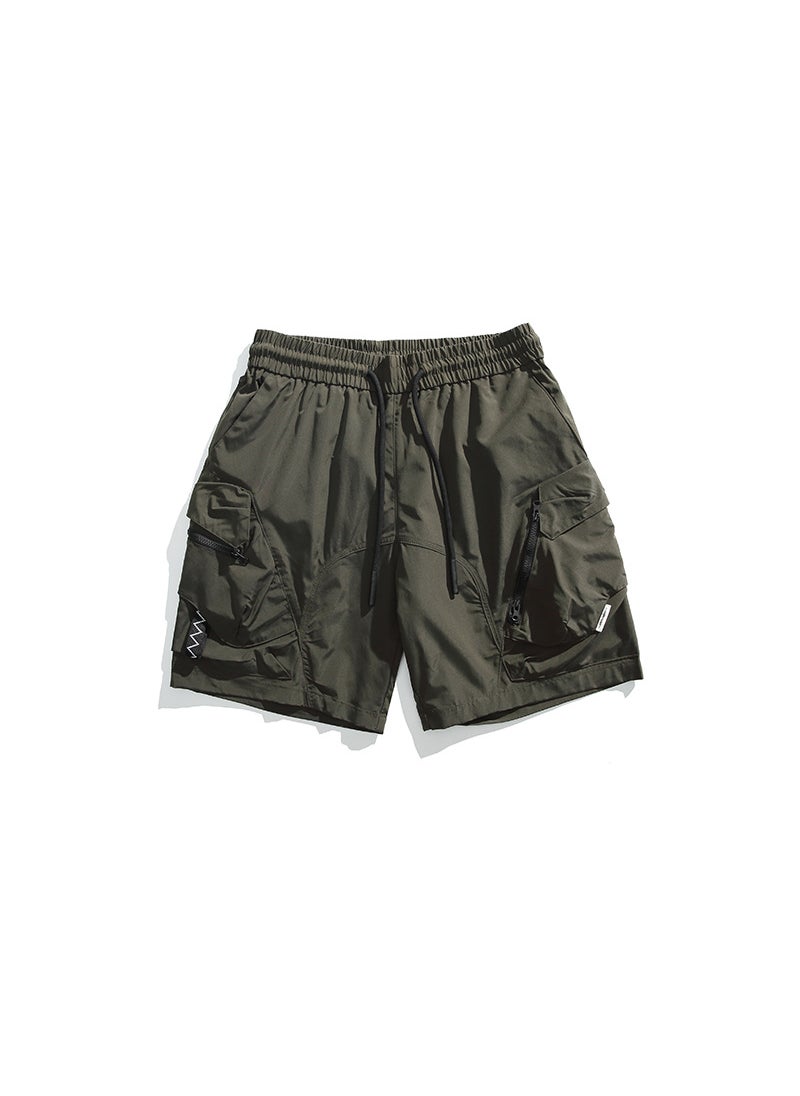 Fashionable Workwear Style Mens Shorts Pure Color Loose Summer Five-Quarter Trendy Teens Casual Polyester Fiber Shorts 8700 Army Green