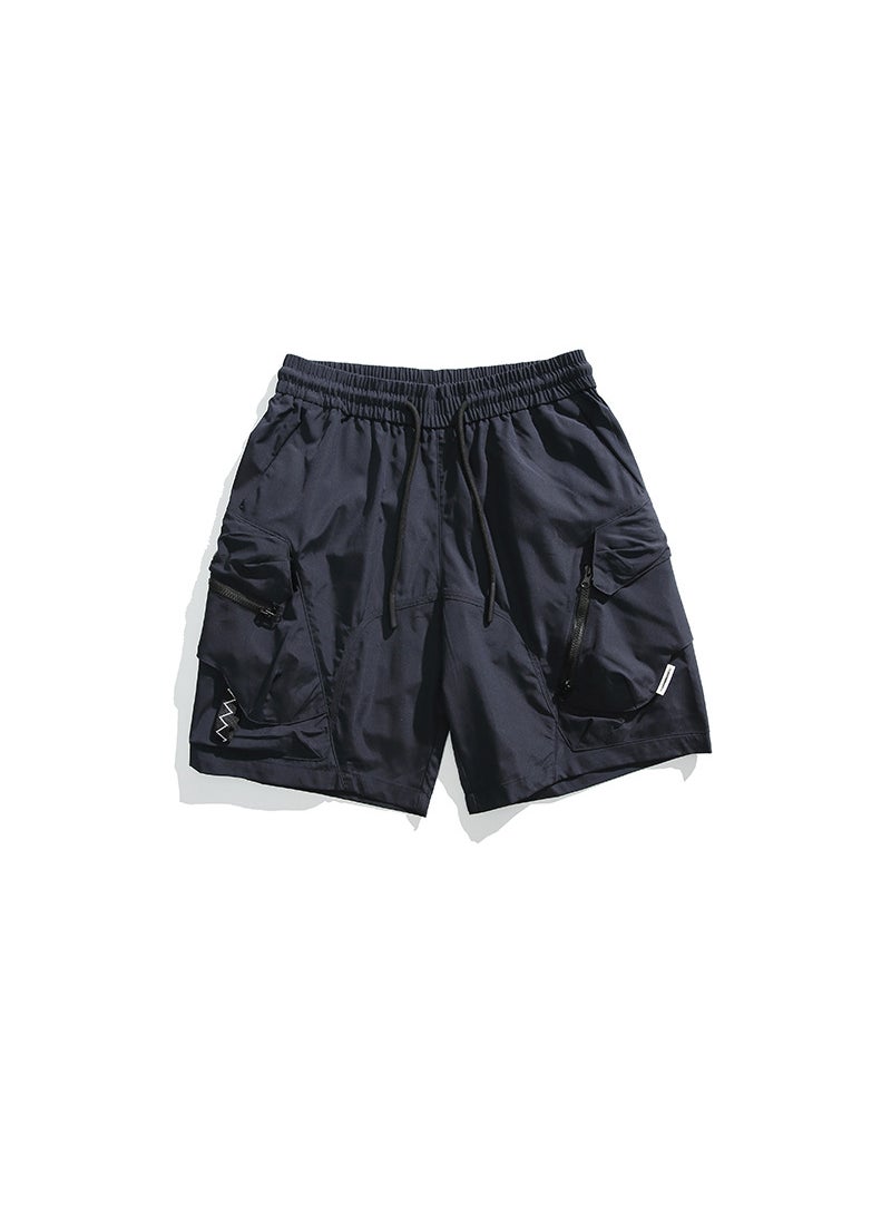 Fashionable Workwear Style Mens Shorts Pure Color Loose Summer Five-Quarter Trendy Teens Casual Polyester Fiber Shorts 8700 dark blue
