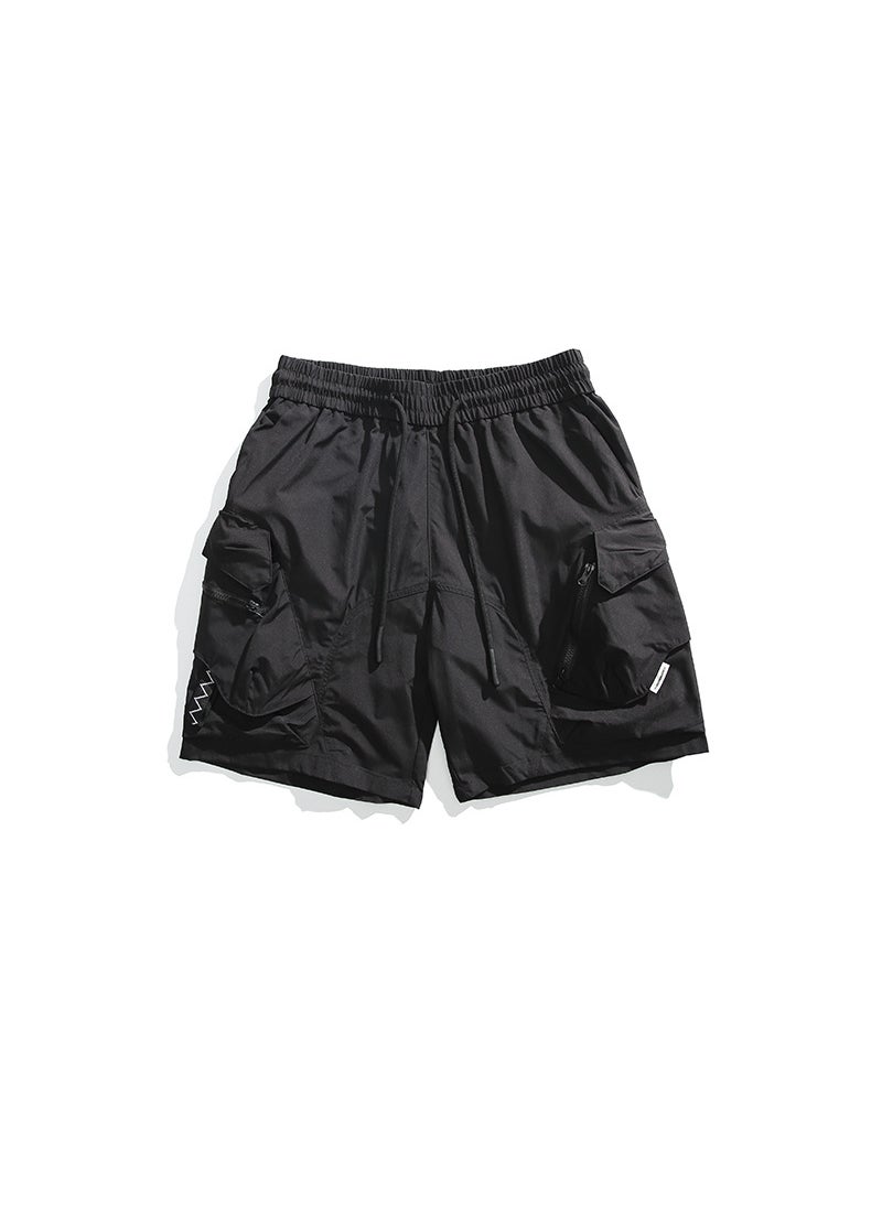 Fashionable Workwear Style Mens Shorts Pure Color Loose Summer Five-Quarter Trendy Teens Casual Polyester Fiber Shorts 8700 black