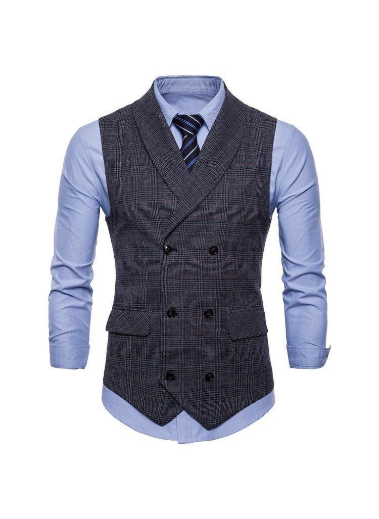 Fashion Slim Fit Mens Checked Vest Spring Autumn Double Breasted Waistcoat Dark gray