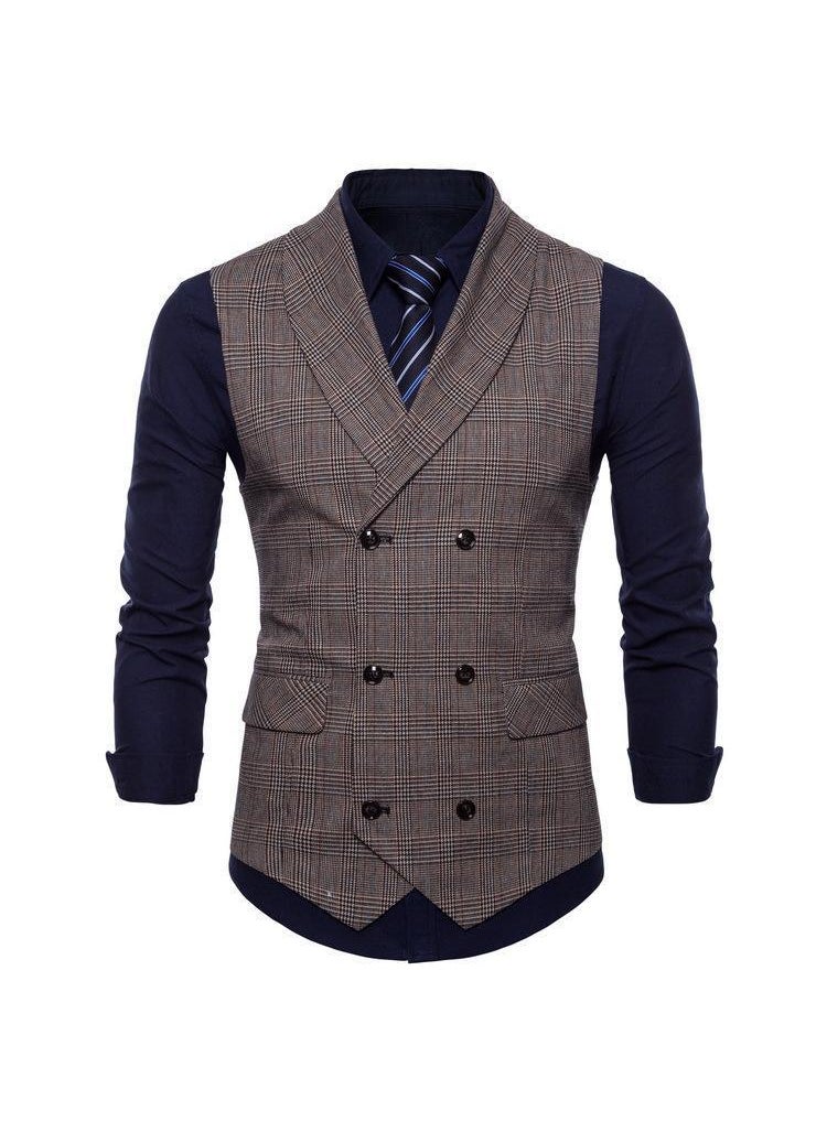 Fashion Slim Fit Mens Checked Vest Spring Autumn Double Breasted Waistcoat Coffee