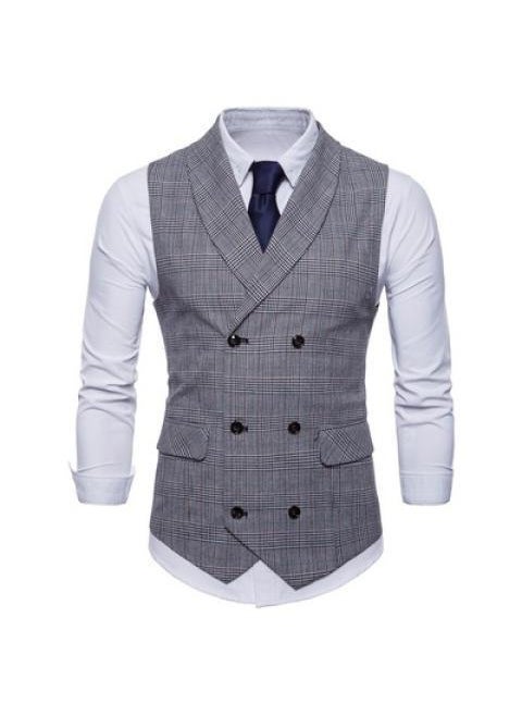 Fashion Slim Fit Mens Checked Vest Spring Autumn Double Breasted Waistcoat Light gray
