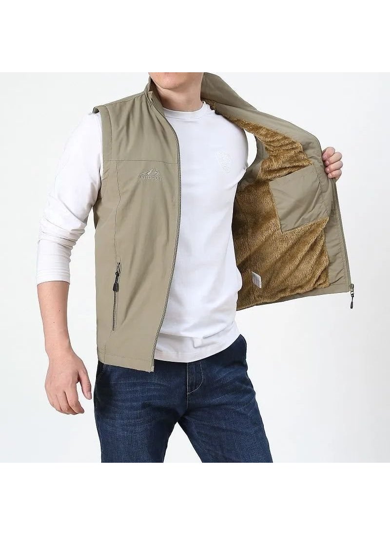 Casual Thin Breathable Quick Dry Work Vest For Outdoor Men Spring Autumn Multi-Pocket Summer Vest Clip-On Work Shirt khaki fleece-lined
