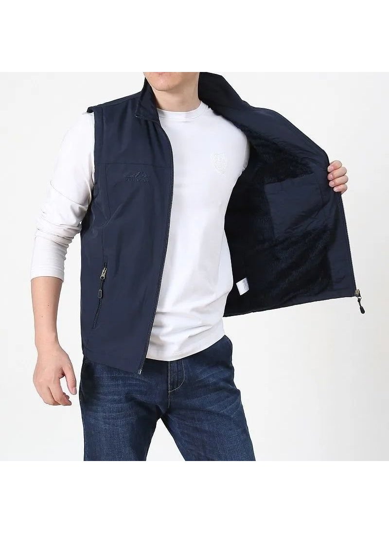 Casual Thin Breathable Quick Dry Work Vest For Outdoor Men Spring Autumn Multi-Pocket Summer Vest Clip-On Work Shirt Royal blue fleece-lined