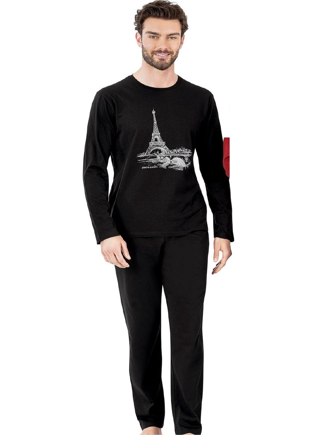 6064 Men's Long Sleeve Crew Neck Pajama Set-Black