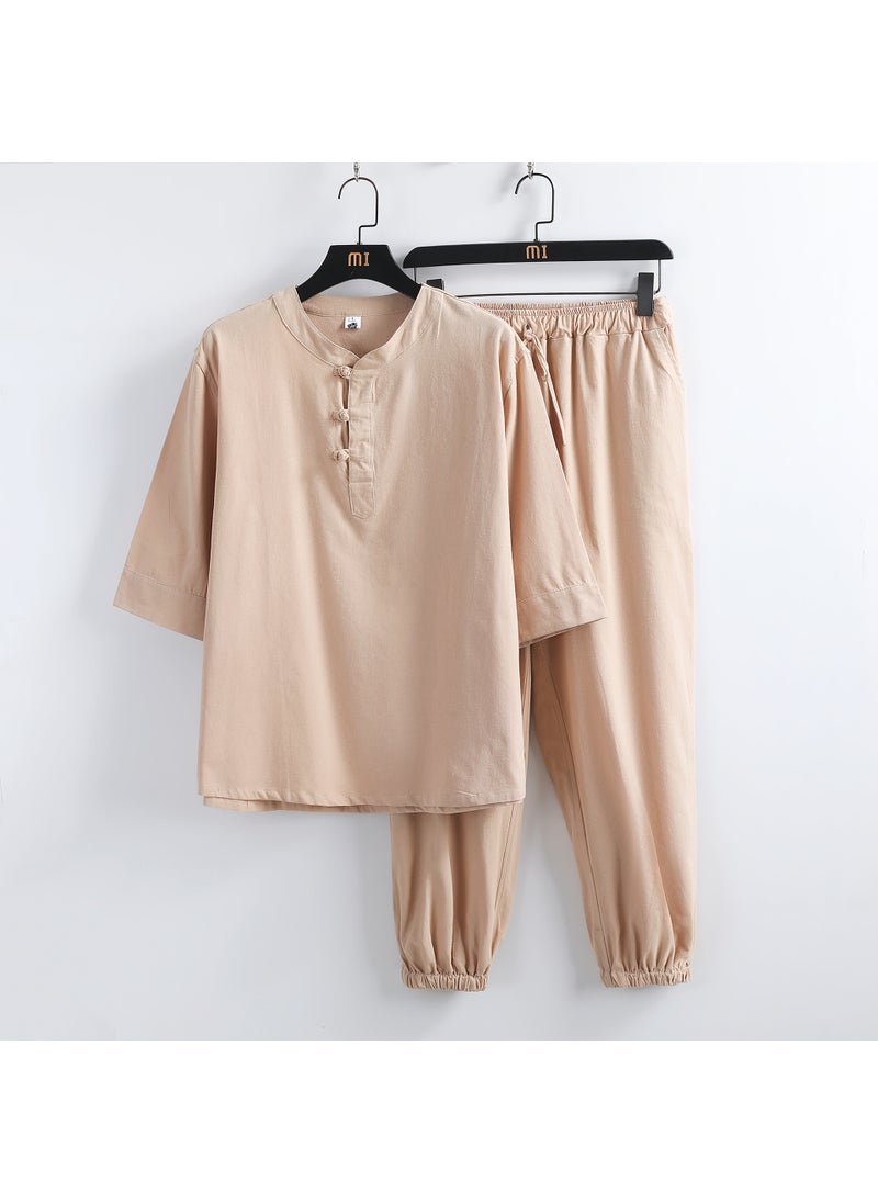 2023 Summer Mens Retro Linen Set Chinese Style Cotton T-Shirt + Pants Grey