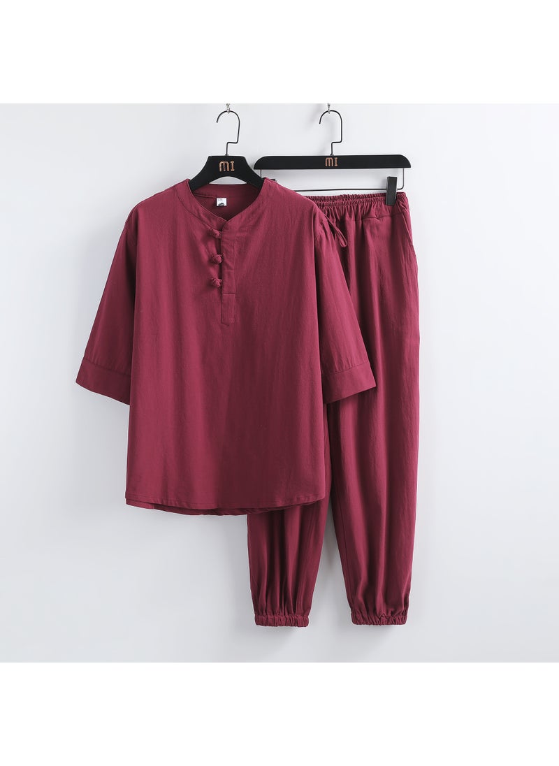 2023 Summer Mens Retro Linen Set Chinese Style Cotton T-Shirt + Pants Grey