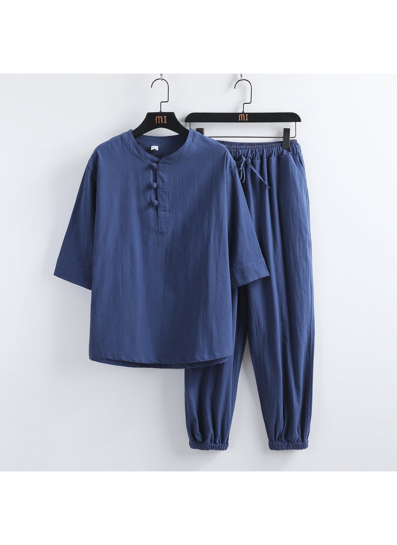 2023 Summer Mens Retro Linen Set Chinese Style Cotton T-Shirt + Pants Grey