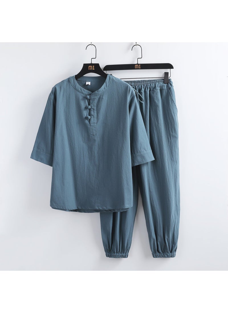 2023 Summer Mens Retro Linen Set Chinese Style Cotton T-Shirt + Pants Grey