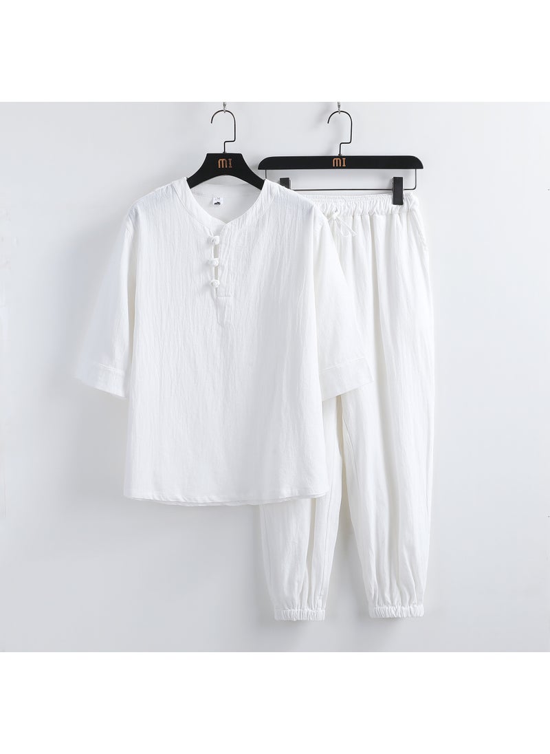 2023 Summer Mens Retro Linen Set Chinese Style Cotton T-Shirt + Pants Grey