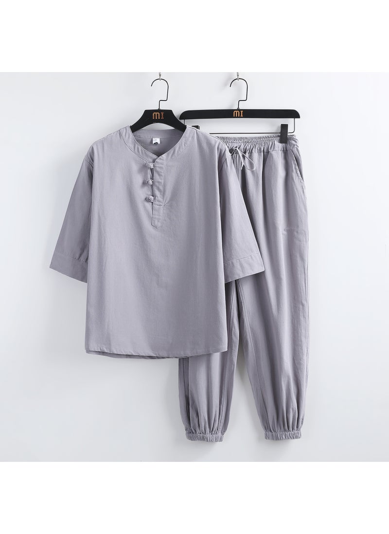 2023 Summer Mens Retro Linen Set Chinese Style Cotton T-Shirt + Pants Grey