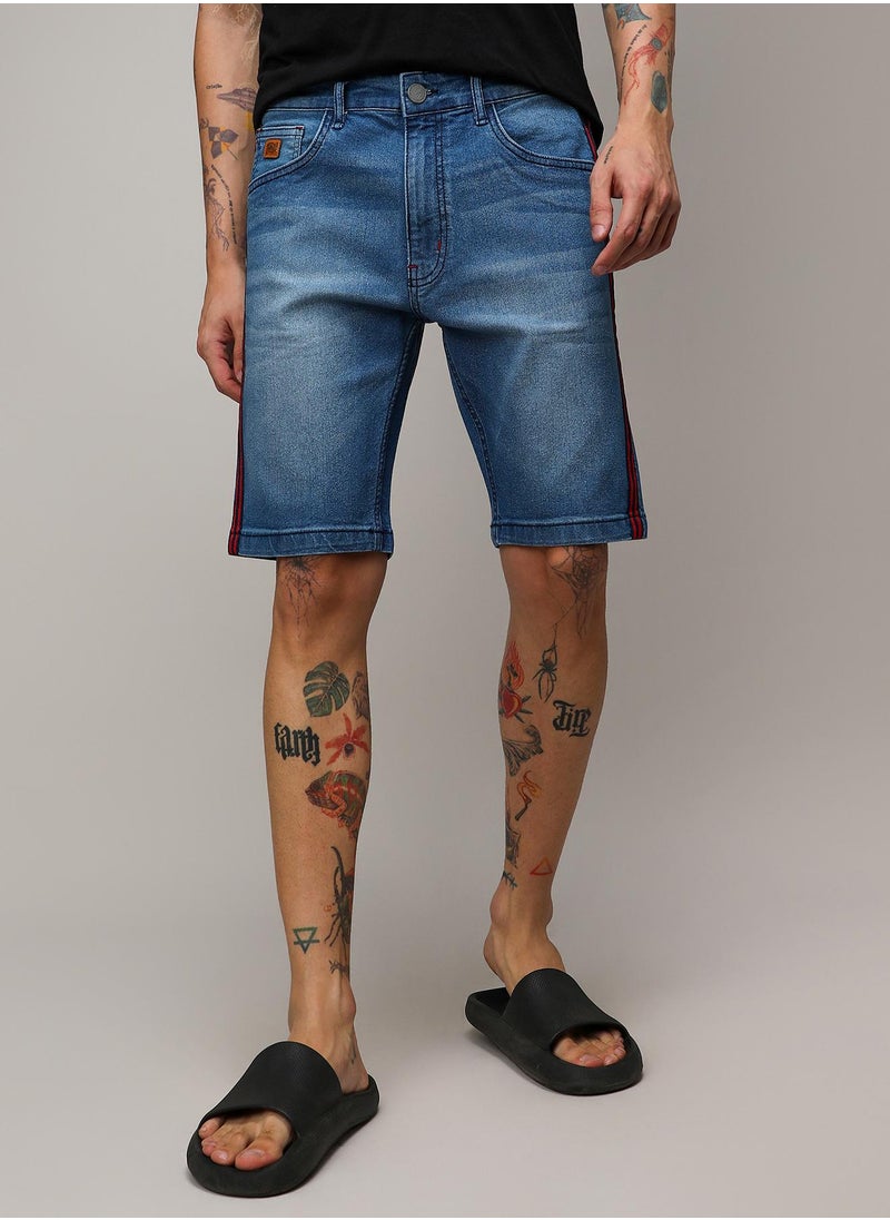 Men's Side-Striped Medium-Wash Denim Shorts