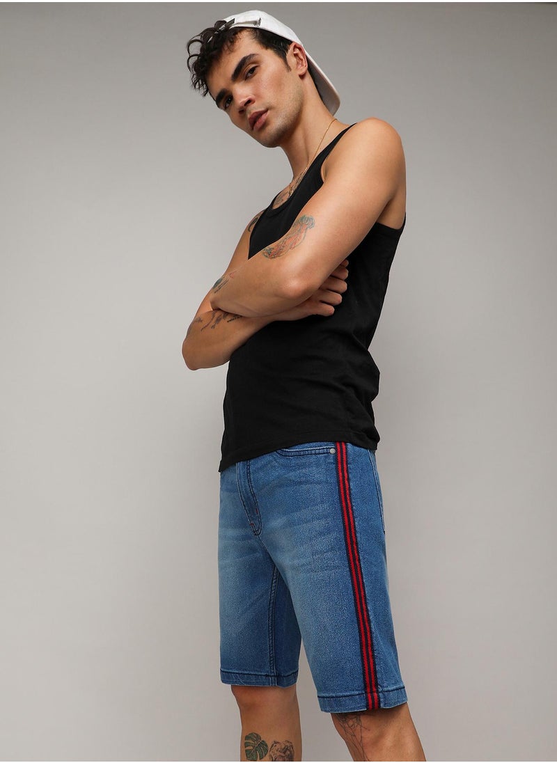 Men's Side-Striped Medium-Wash Denim Shorts