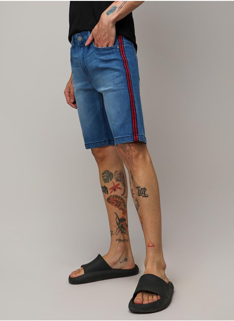 Men's Side-Striped Medium-Wash Denim Shorts