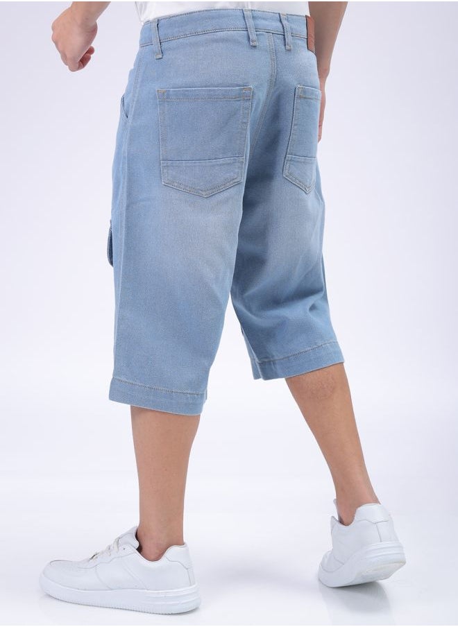 Men Relaxed Fit Solid Mid-Rise Denim Cargo Shorts