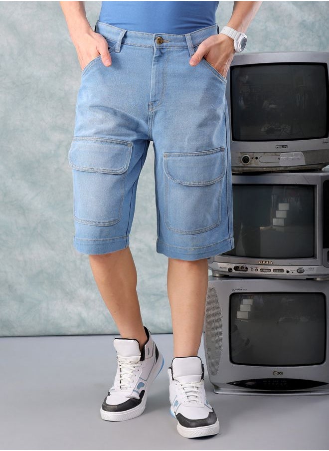 Men Relaxed Fit Solid Mid-Rise Denim Cargo Shorts