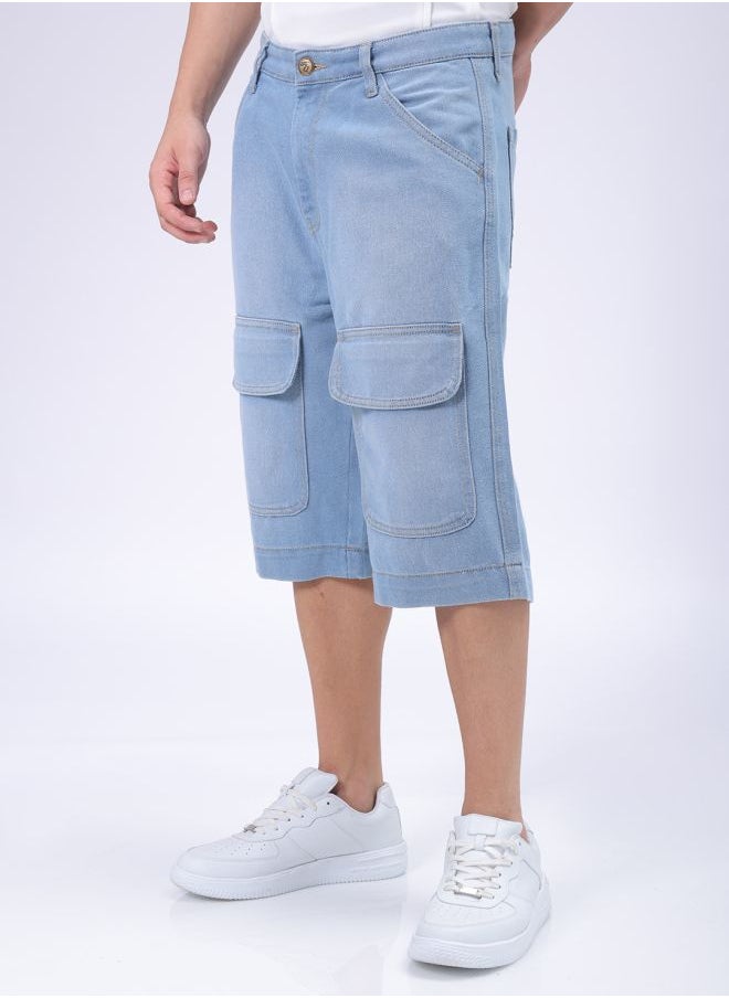 Men Relaxed Fit Solid Mid-Rise Denim Cargo Shorts