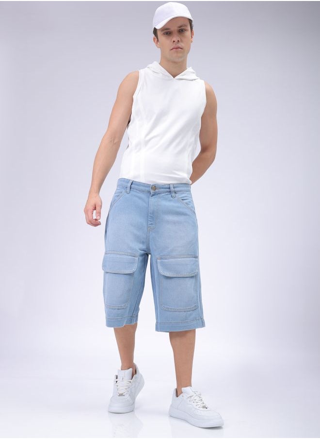 Men Relaxed Fit Solid Mid-Rise Denim Cargo Shorts