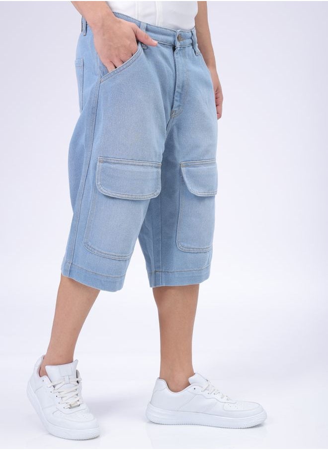 Men Relaxed Fit Solid Mid-Rise Denim Cargo Shorts