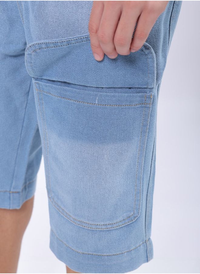 Men Relaxed Fit Solid Mid-Rise Denim Cargo Shorts