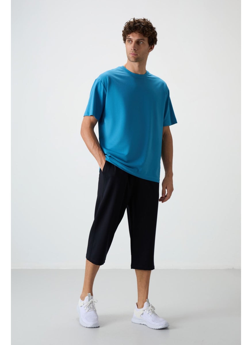Navy Blue Cotton Soft Texture Standard Fit Embroidered Men's Capri - 83102