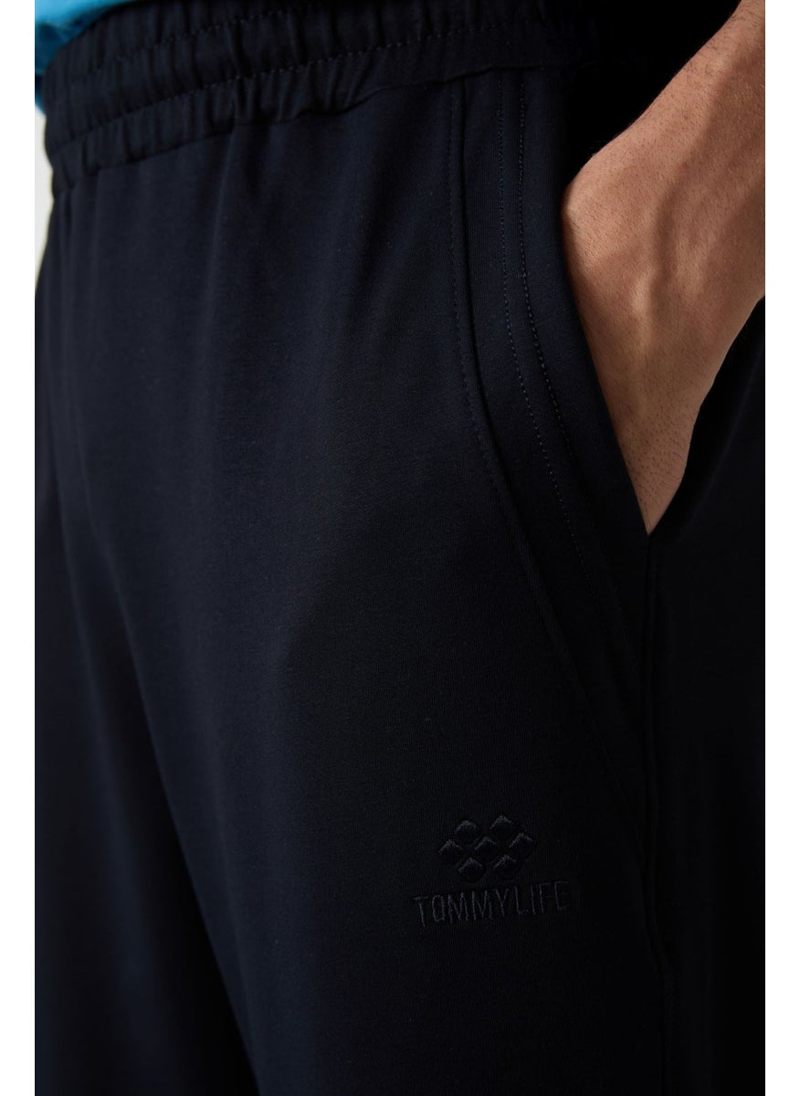 Navy Blue Cotton Soft Texture Standard Fit Embroidered Men's Capri - 83102