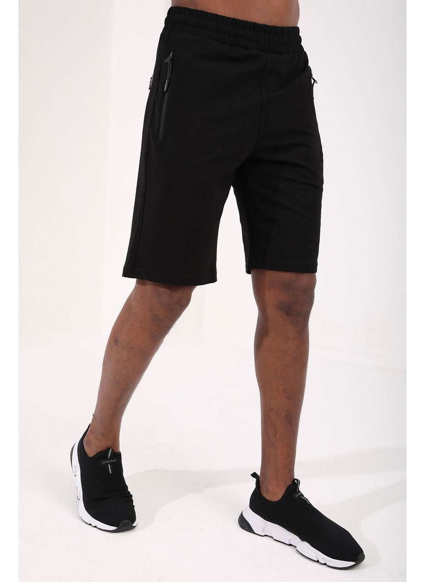 Black Men's Hidden Zipper Back Pocket Lace-Up Standard Fit Shorts-81136