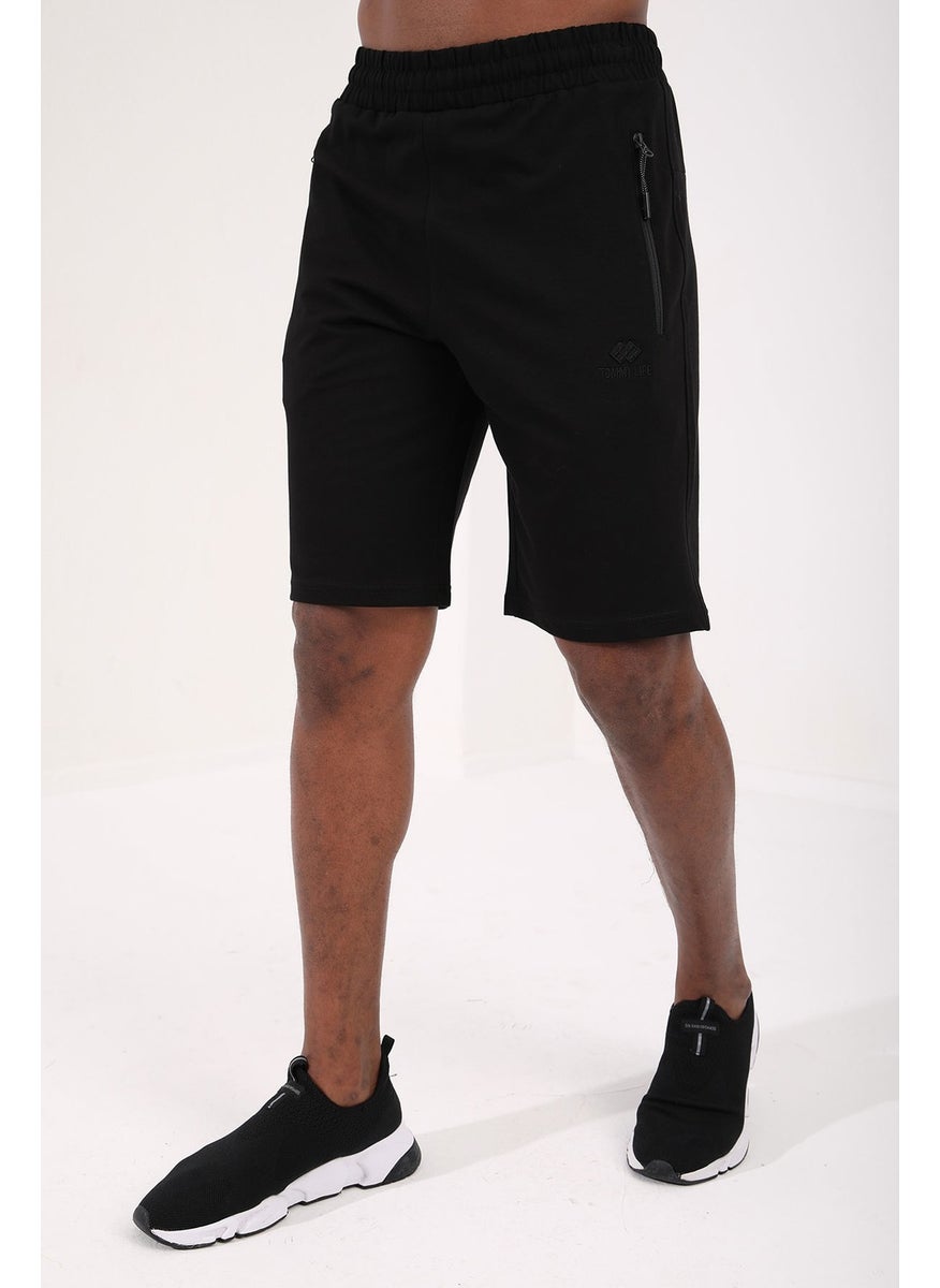 Black Men's Hidden Zipper Back Pocket Lace-Up Standard Fit Shorts-81136