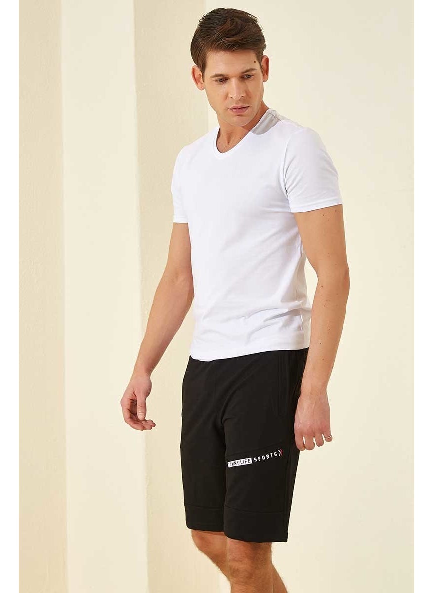 Black Men's Text Printed Standard Fit Shorts-81155_1