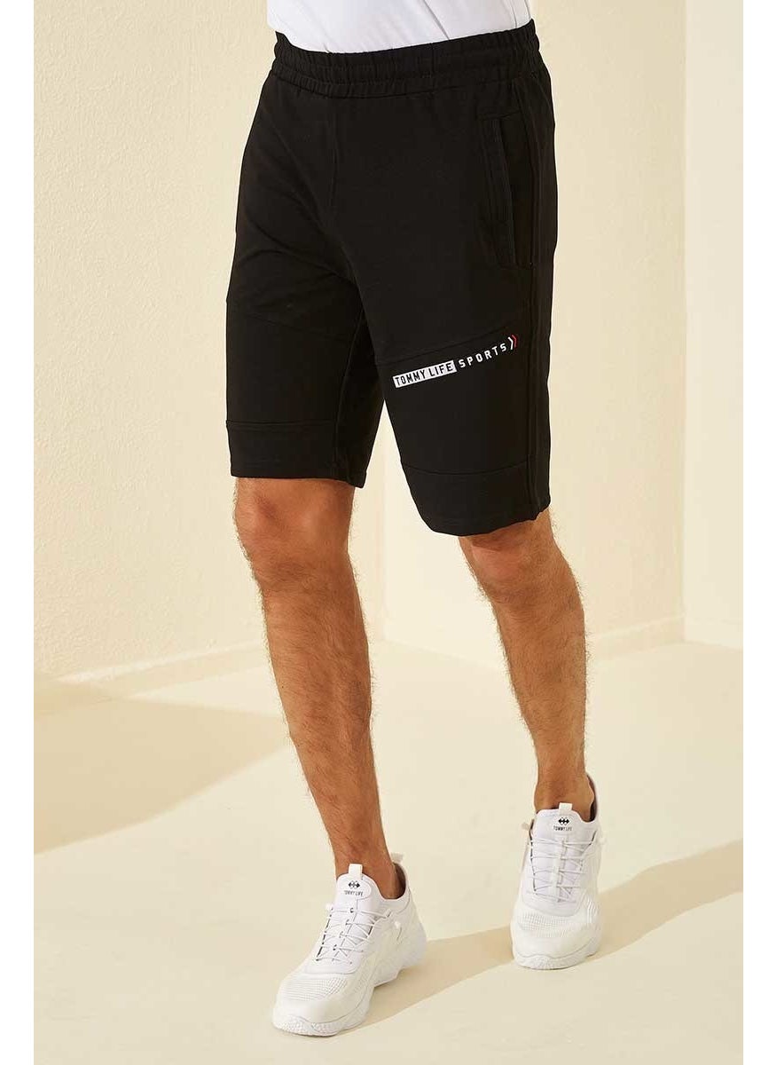 Black Men's Text Printed Standard Fit Shorts-81155_1