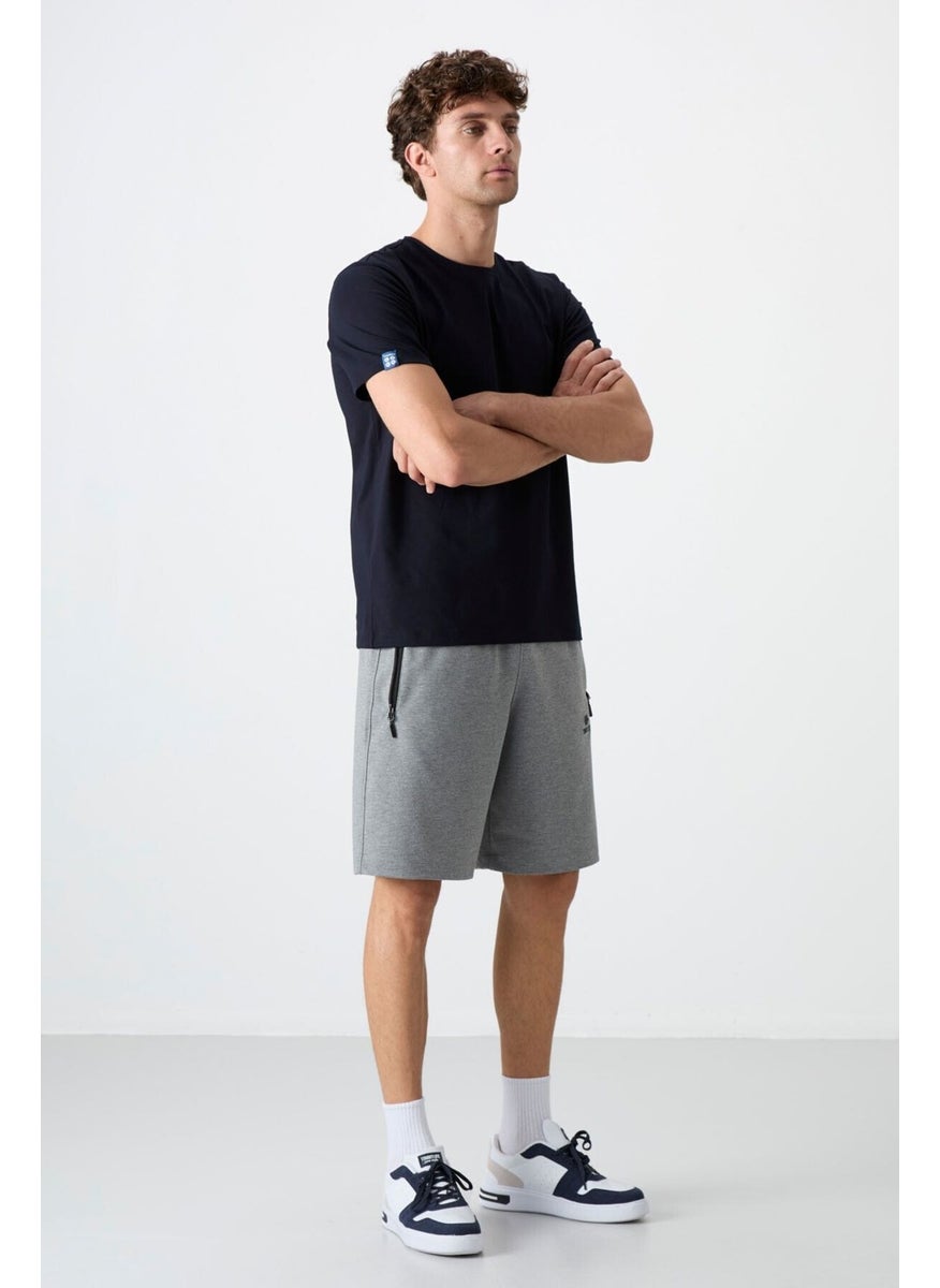 Gray Melange Men's Hidden Zipper Back Pocket Lace-Up Standard Fit Shorts-81136