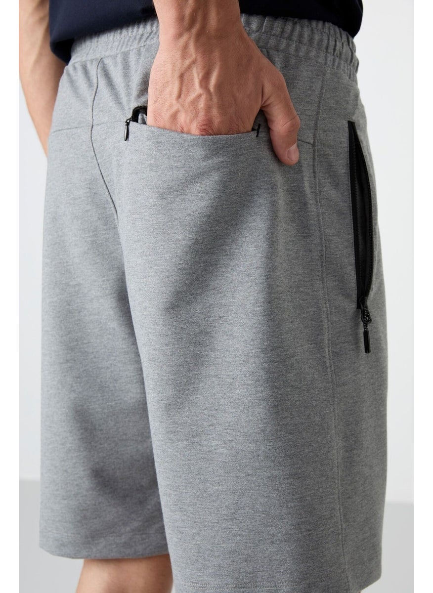 Gray Melange Men's Hidden Zipper Back Pocket Lace-Up Standard Fit Shorts-81136