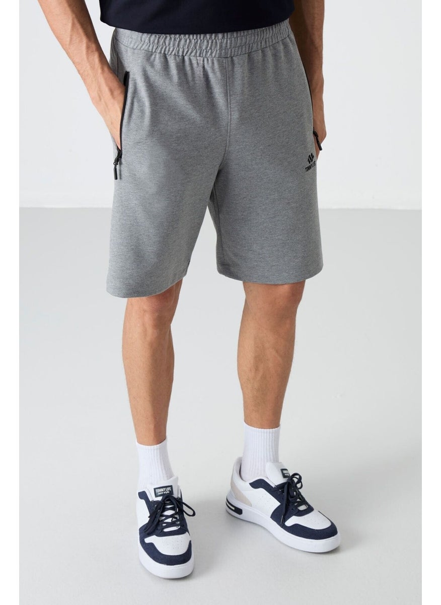 Gray Melange Men's Hidden Zipper Back Pocket Lace-Up Standard Fit Shorts-81136