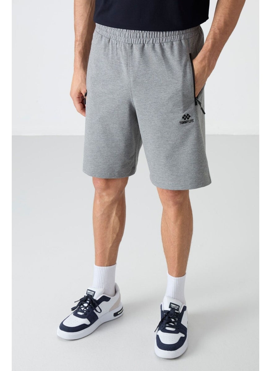 Gray Melange Men's Hidden Zipper Back Pocket Lace-Up Standard Fit Shorts-81136