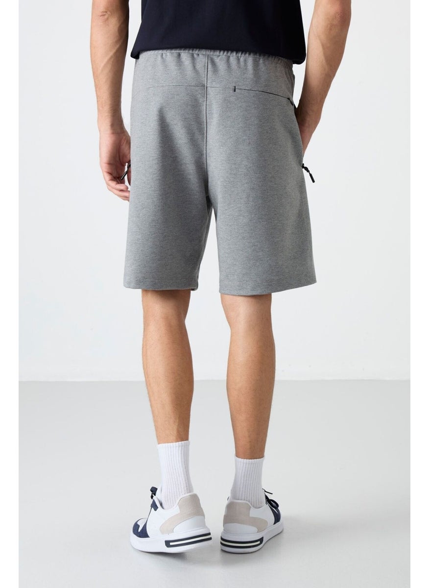Gray Melange Men's Hidden Zipper Back Pocket Lace-Up Standard Fit Shorts-81136