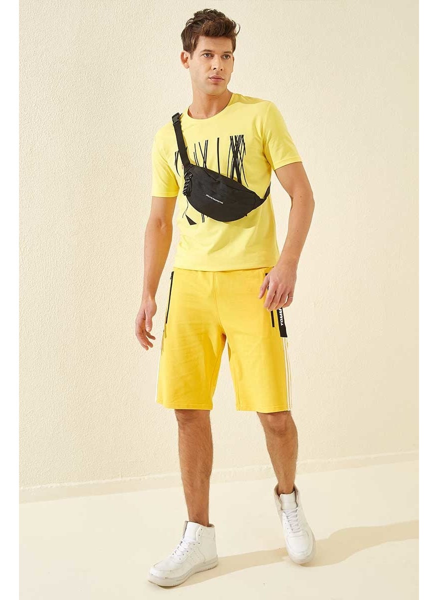 Yellow Men's Side Stripe Text Printed Standard Fit Shorts-81145