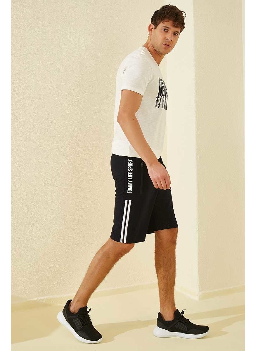 Navy Blue Men's Side Stripe Text Printed Standard Cut Shorts-81145