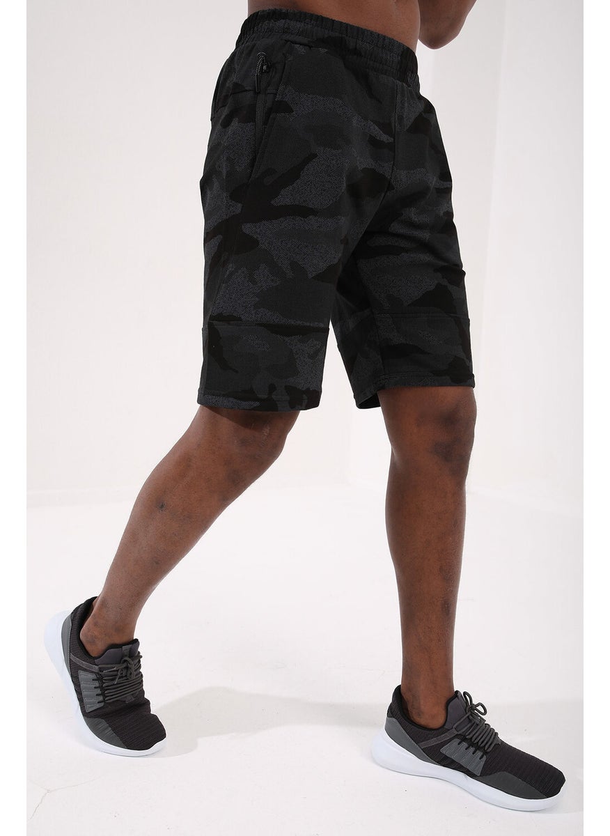Black Camouflage Men's Camouflage Patterned Pocket Standard Fit Shorts-81126